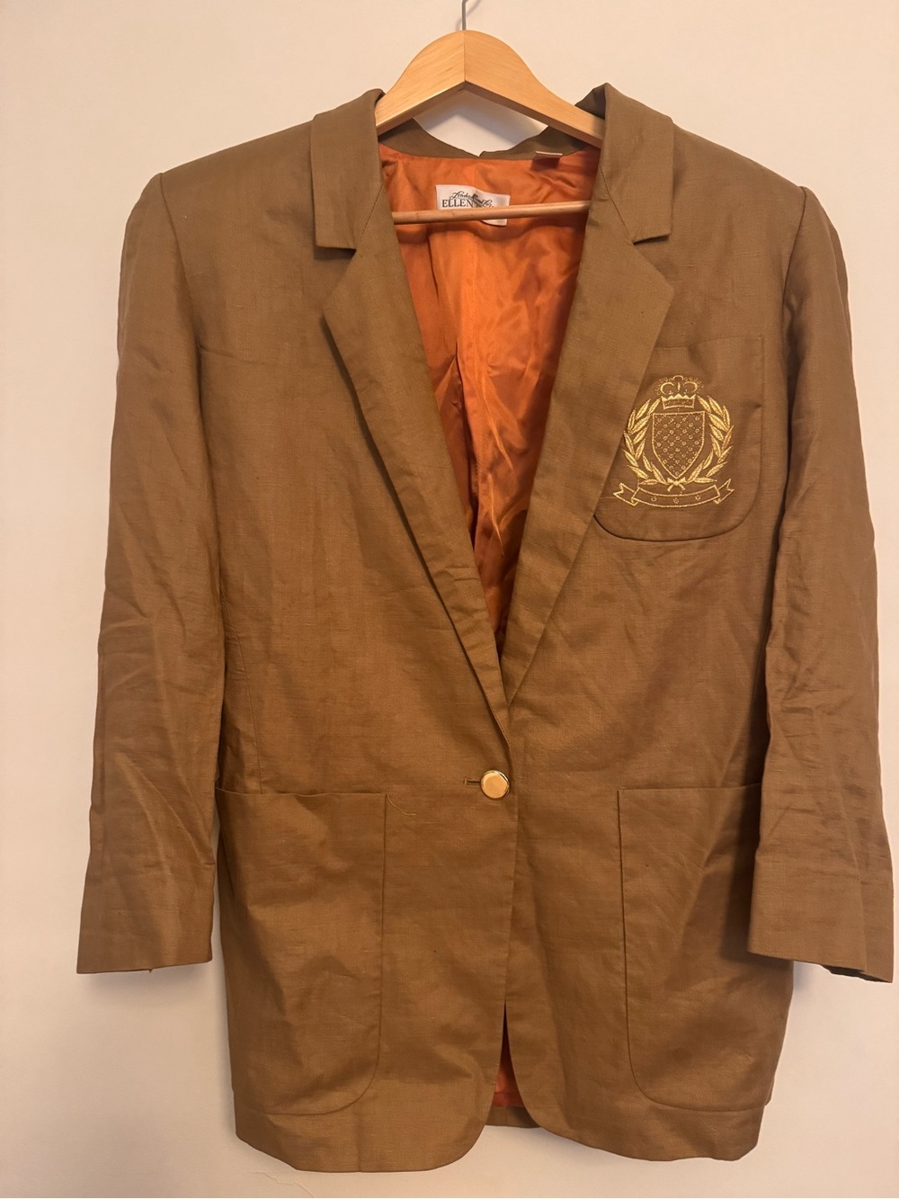 Vintage Ellen Tracey Women's Blazer Jacket Embroidered Crest size US 8 Linen